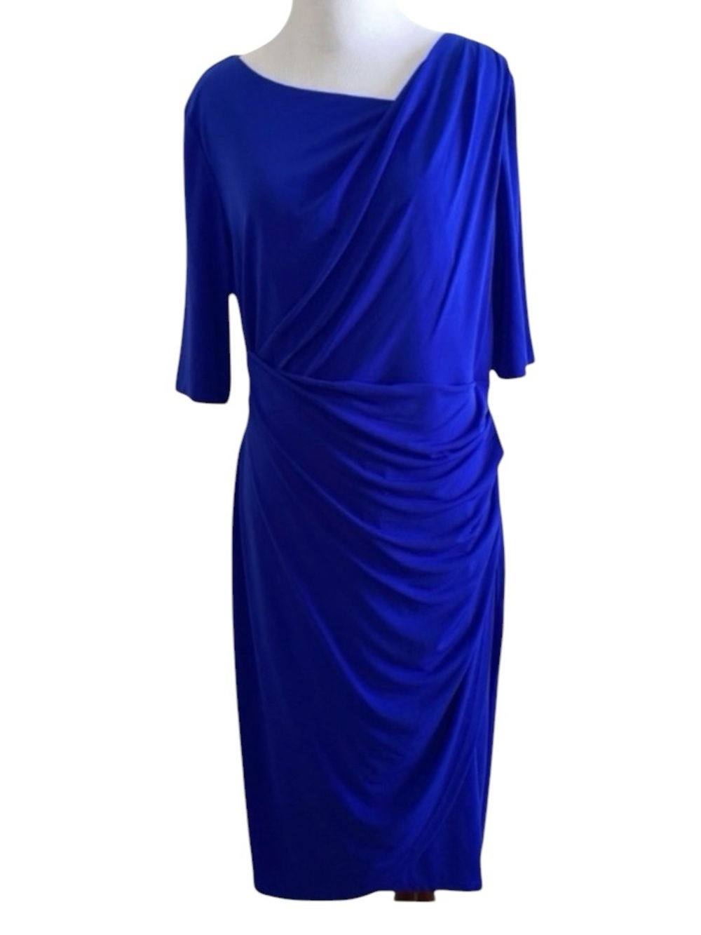 Connected Apparel Dress Blue Side Draped Stretch Jersey Cocktail Office Size 12